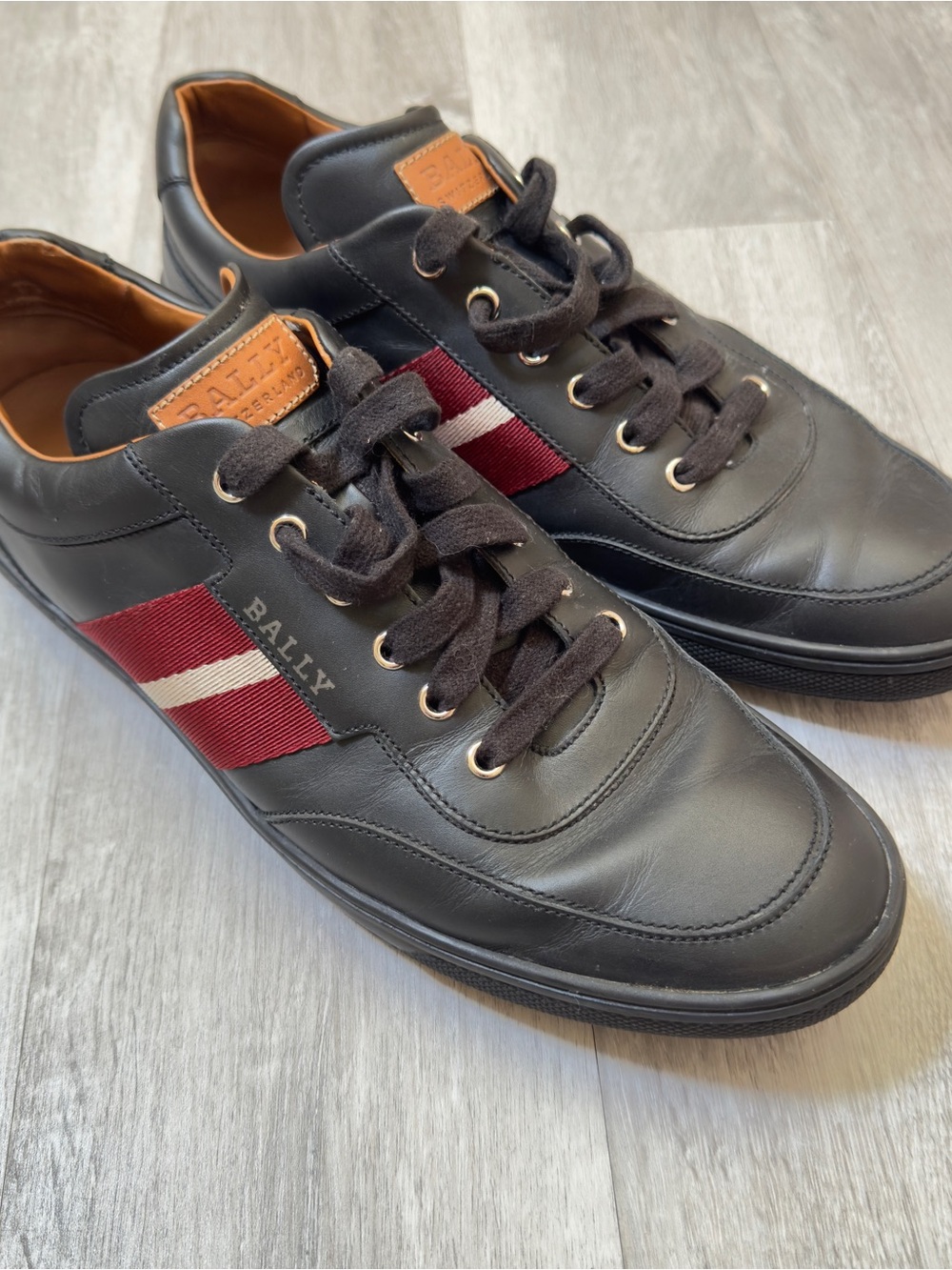 Bally Black Leather Sneakers with Burgundy and White Stripe 12
